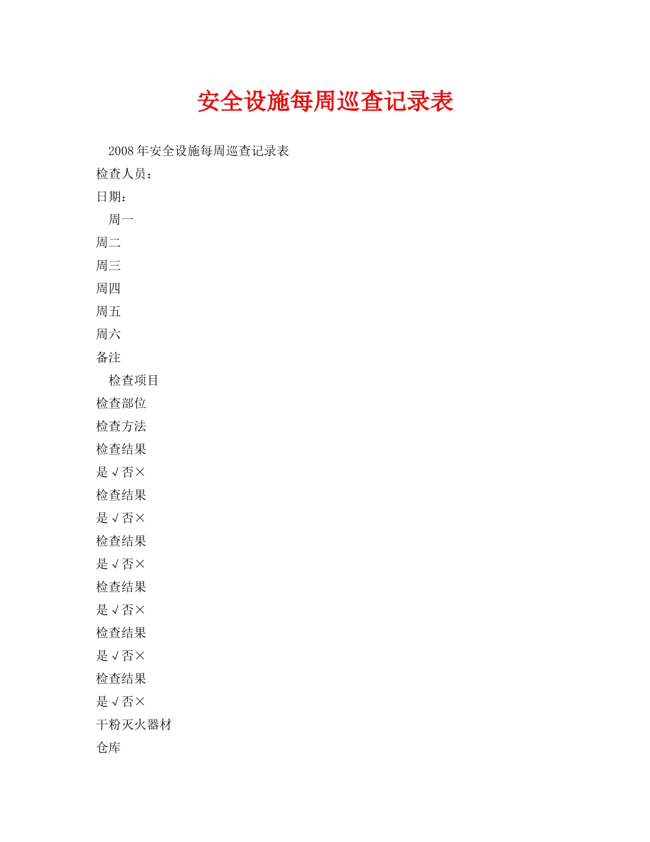 《安全管理资料》之安全设施每周巡查记录表 _第1页