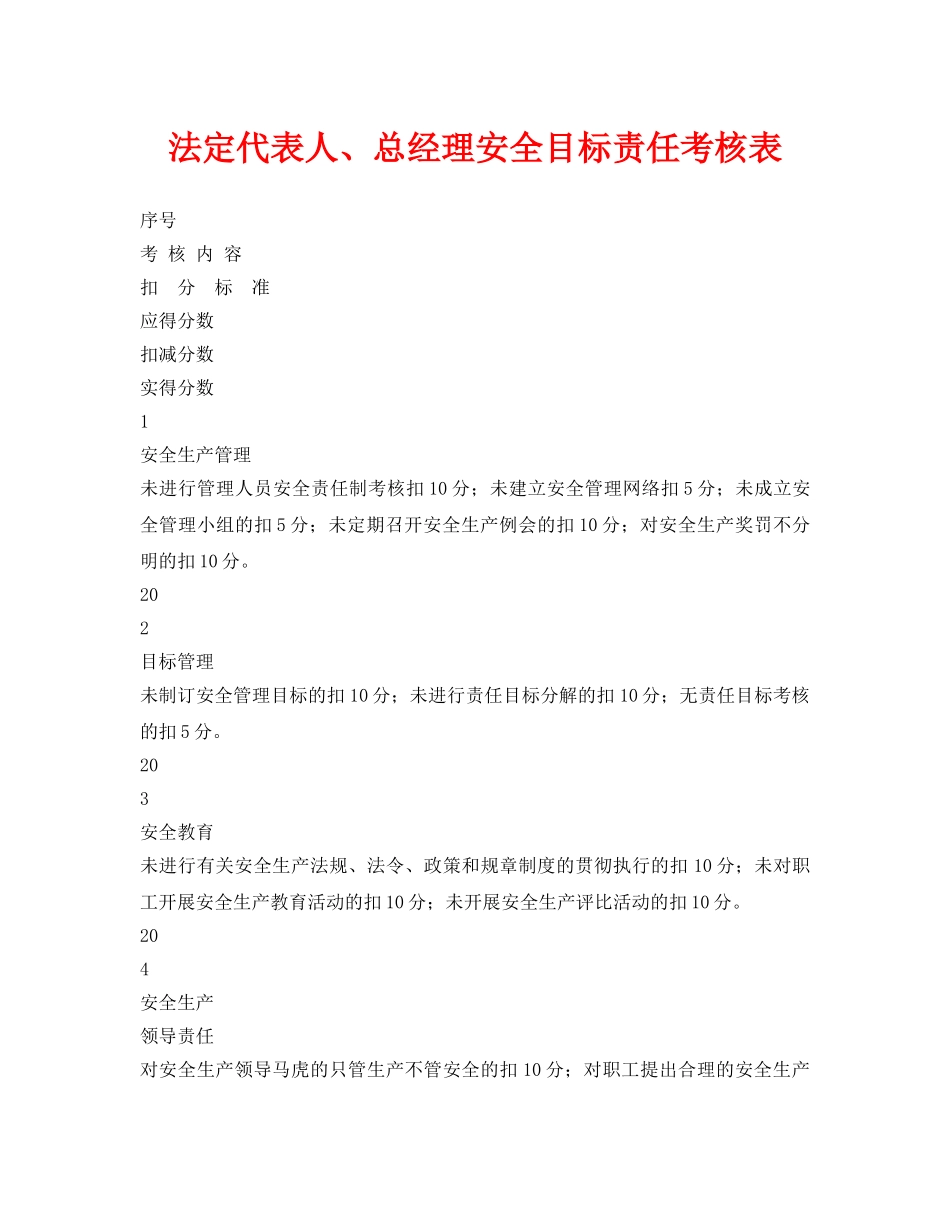 《安全管理资料》之法定代表人、总经理安全目标责任考核表 _第1页