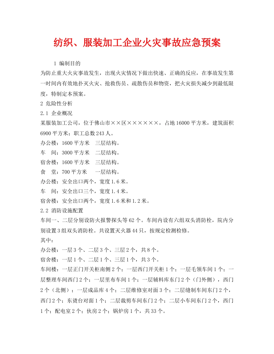 《安全管理应急预案》之纺织、服装加工企业火灾事故应急预案 _第1页
