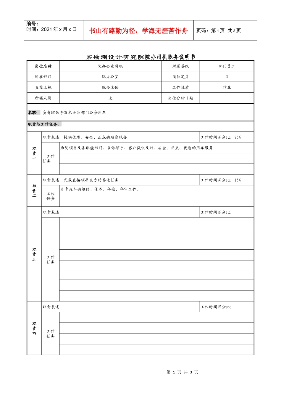 某勘测设计研究院院办司机职务说明书_第1页