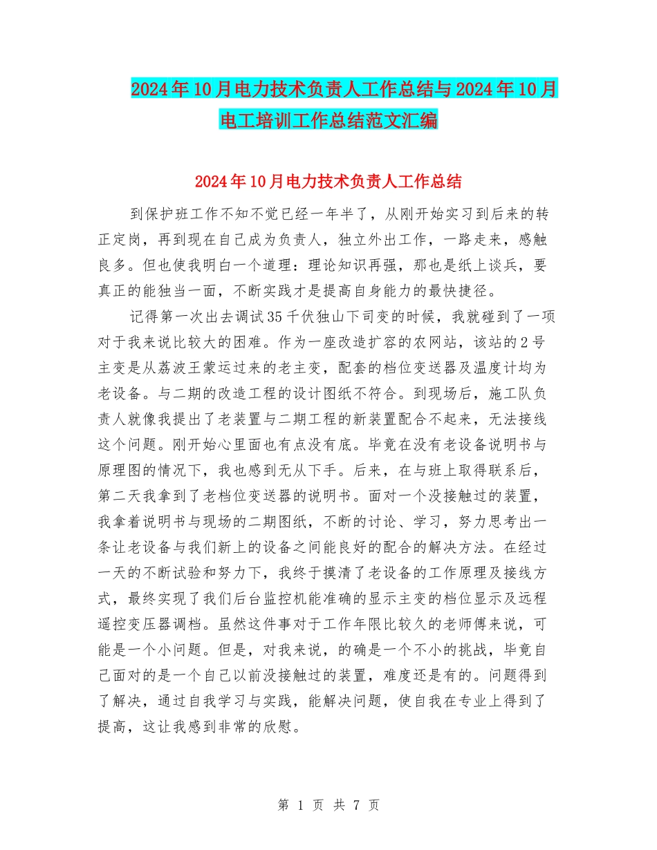 2024年10月电力技术负责人工作总结与2024年10月电工培训工作总结范文汇编_第1页