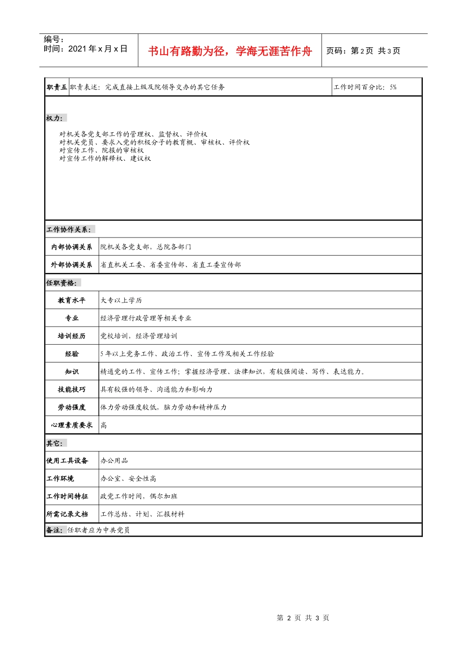 某勘测设计研究院党总支书记、宣传干事职务说明书_第2页