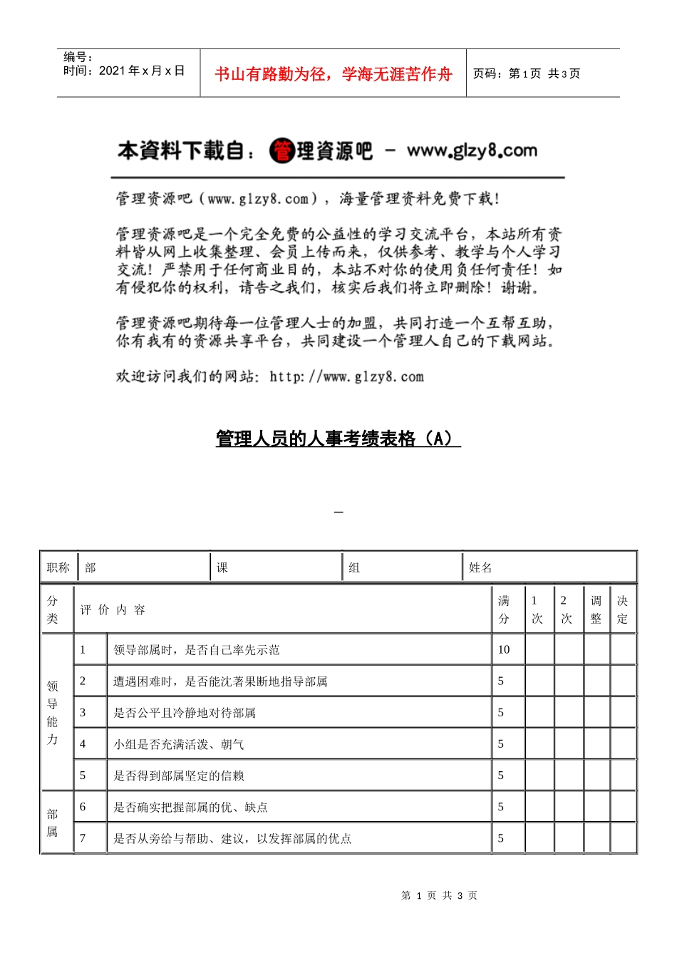 管理人员的人事考绩表格（A）_第1页
