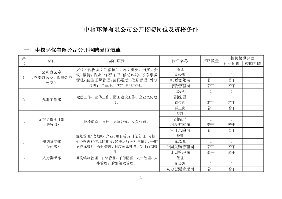 某某环保有限公司公开招聘岗位及资格条件_第1页