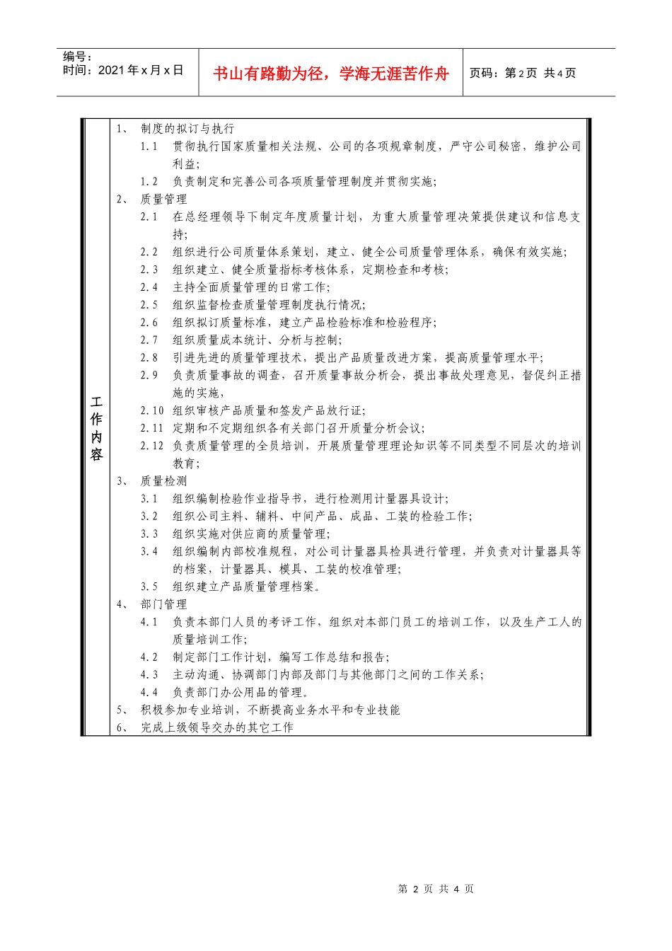 某中型制造业质量管理部经理岗位说明书及KPI指标_第2页