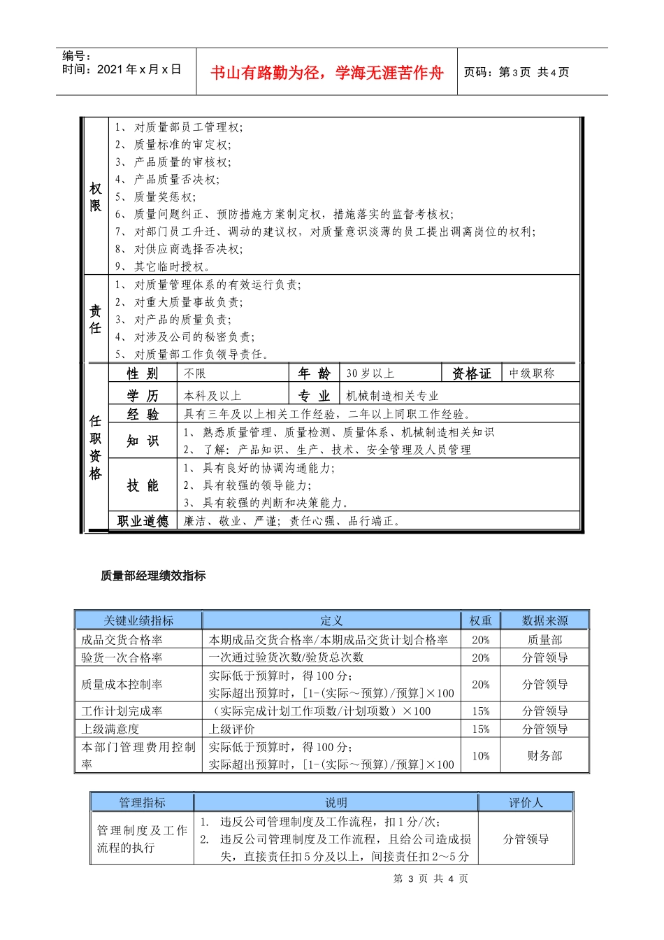 某中型制造业质量管理部经理岗位说明书及KPI指标_第3页