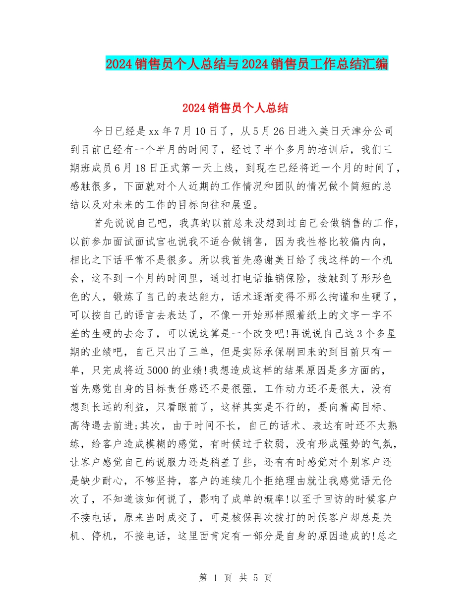2024销售员个人总结与2024销售员工作总结汇编_第1页