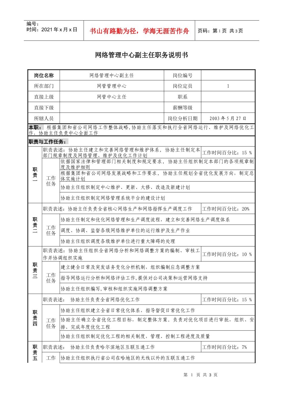 材料行业-网络管理中心-副主任岗位说明书_第1页
