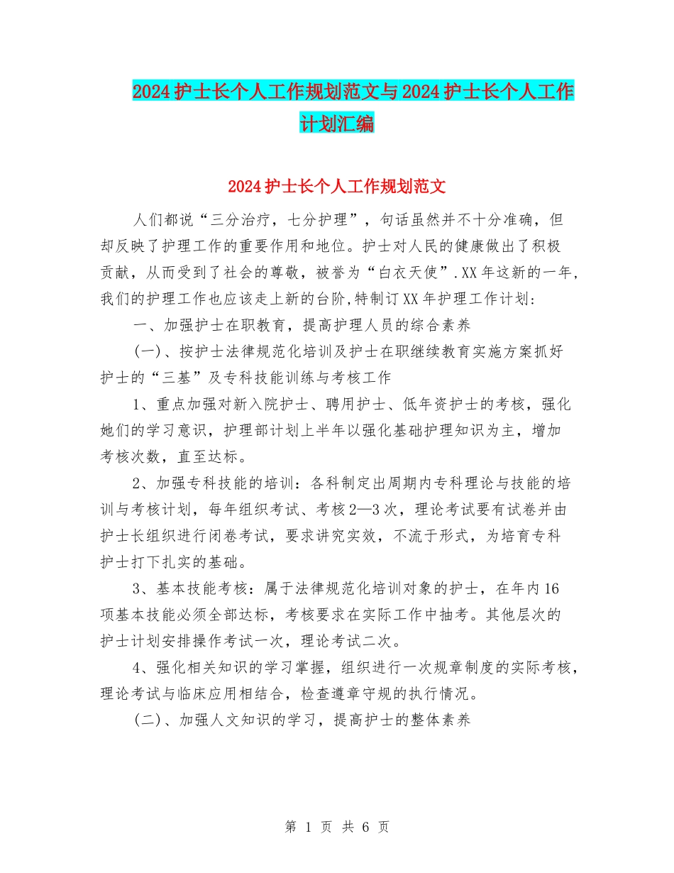 2024护士长个人工作规划范文与2024护士长个人工作计划汇编_第1页