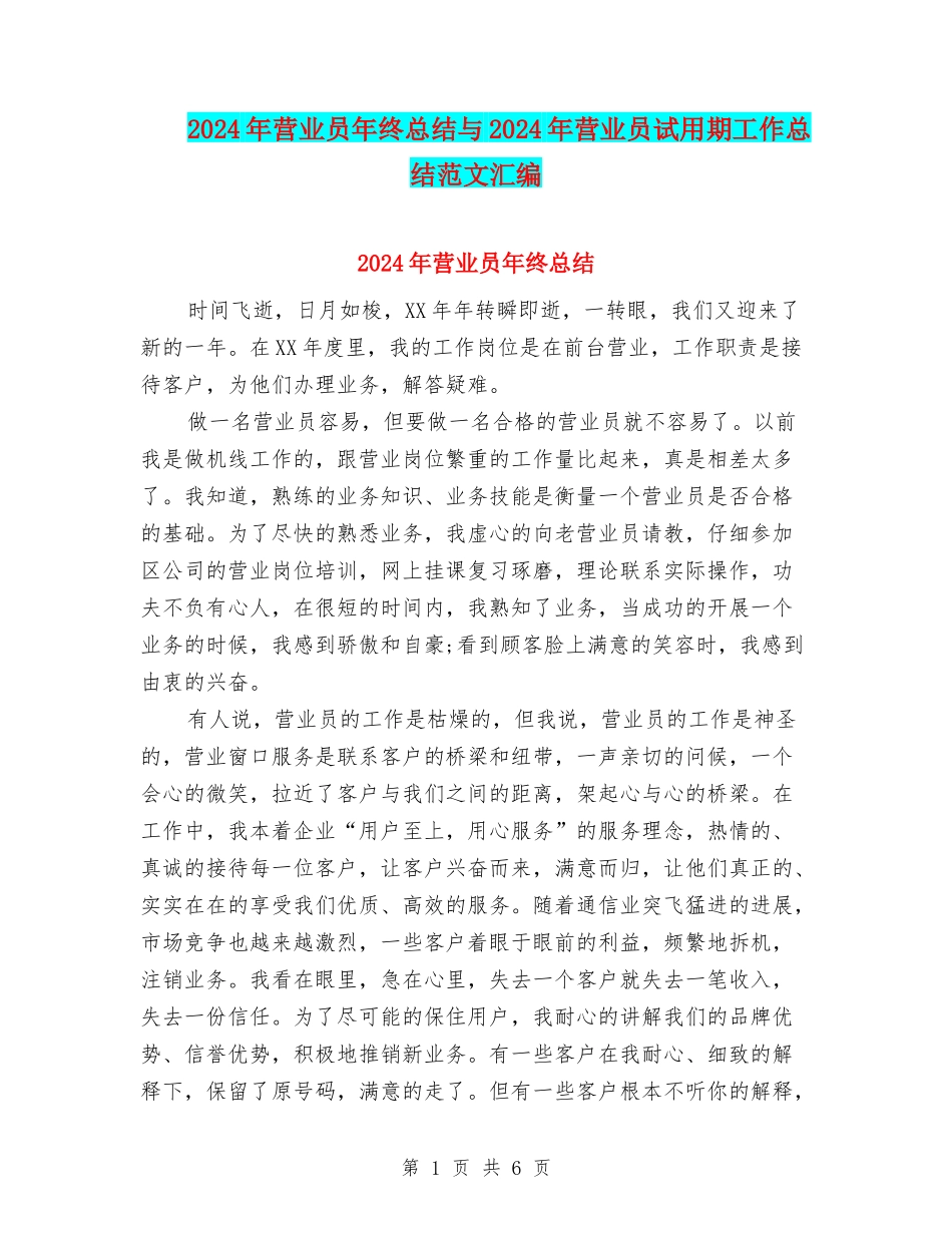 2024年营业员年终总结与2024年营业员试用期工作总结范文汇编_第1页