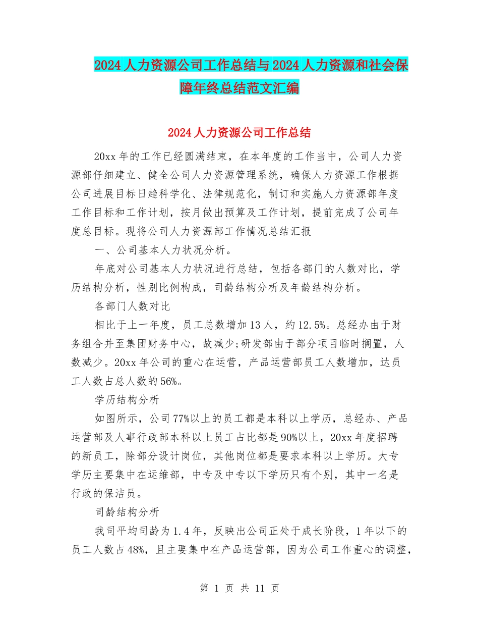 2024人力资源公司工作总结与2024人力资源和社会保障年终总结范文汇编_第1页