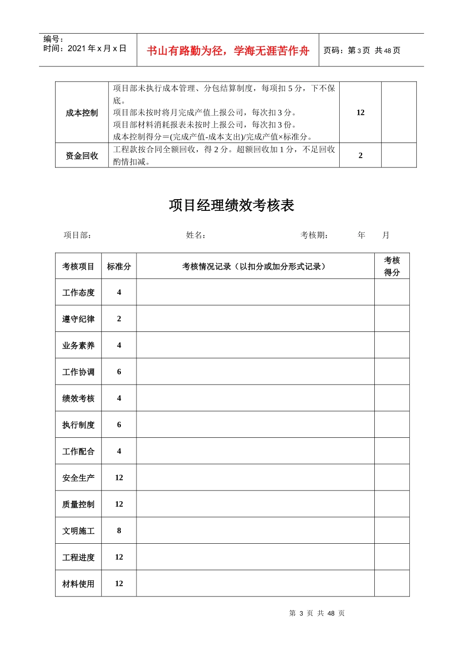 施工单位项目部管理人员绩效考核表(最新)_第3页