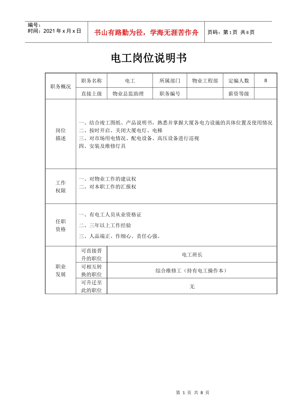 电工岗位说明书（DOC9页）_第1页