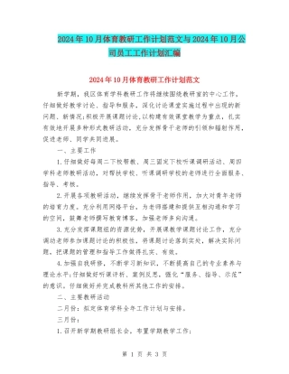 2024年10月体育教研工作计划范文与2024年10月公司员工工作计划汇编