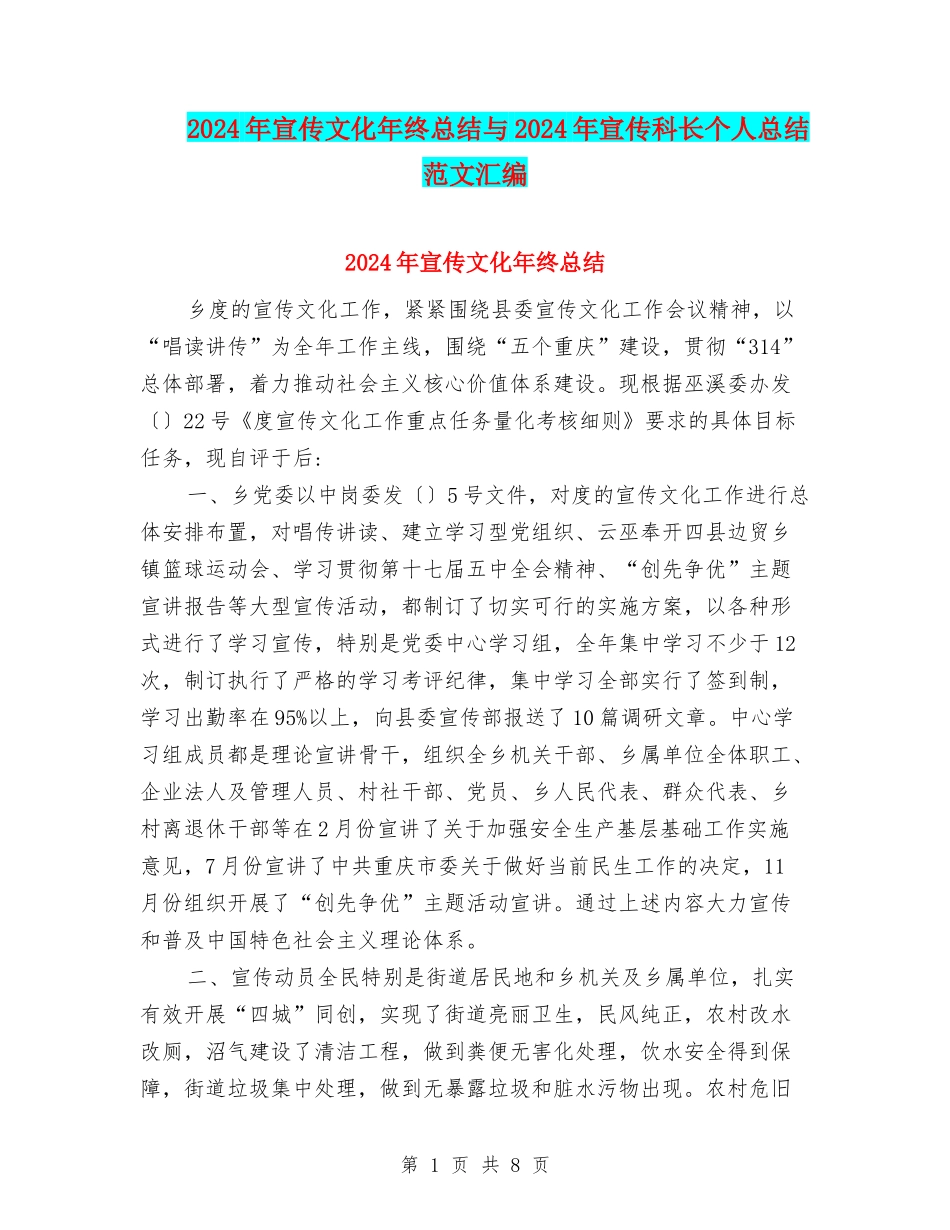 2024年宣传文化年终总结与2024年宣传科长个人总结范文汇编_第1页