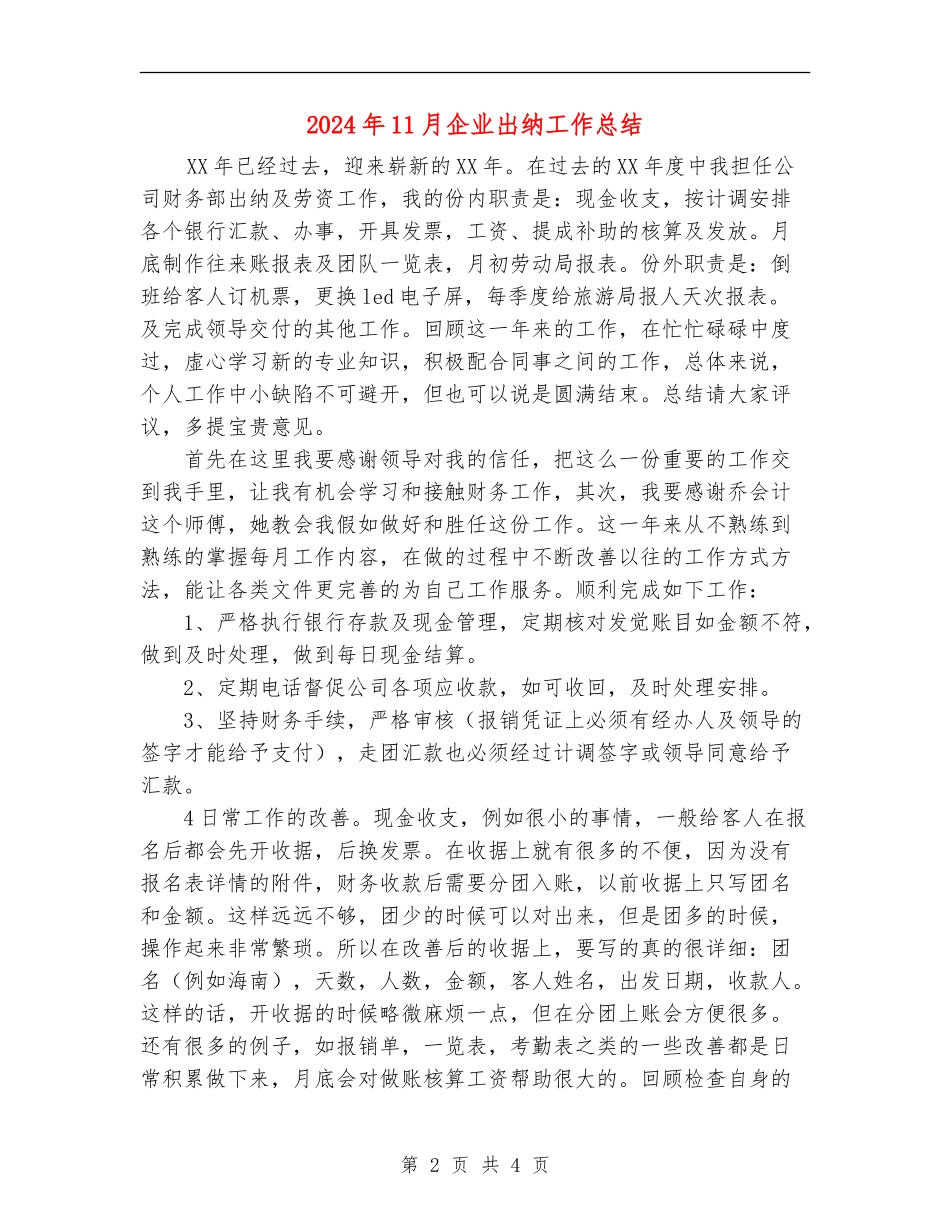 2024年11月企业出纳工作总结_第2页