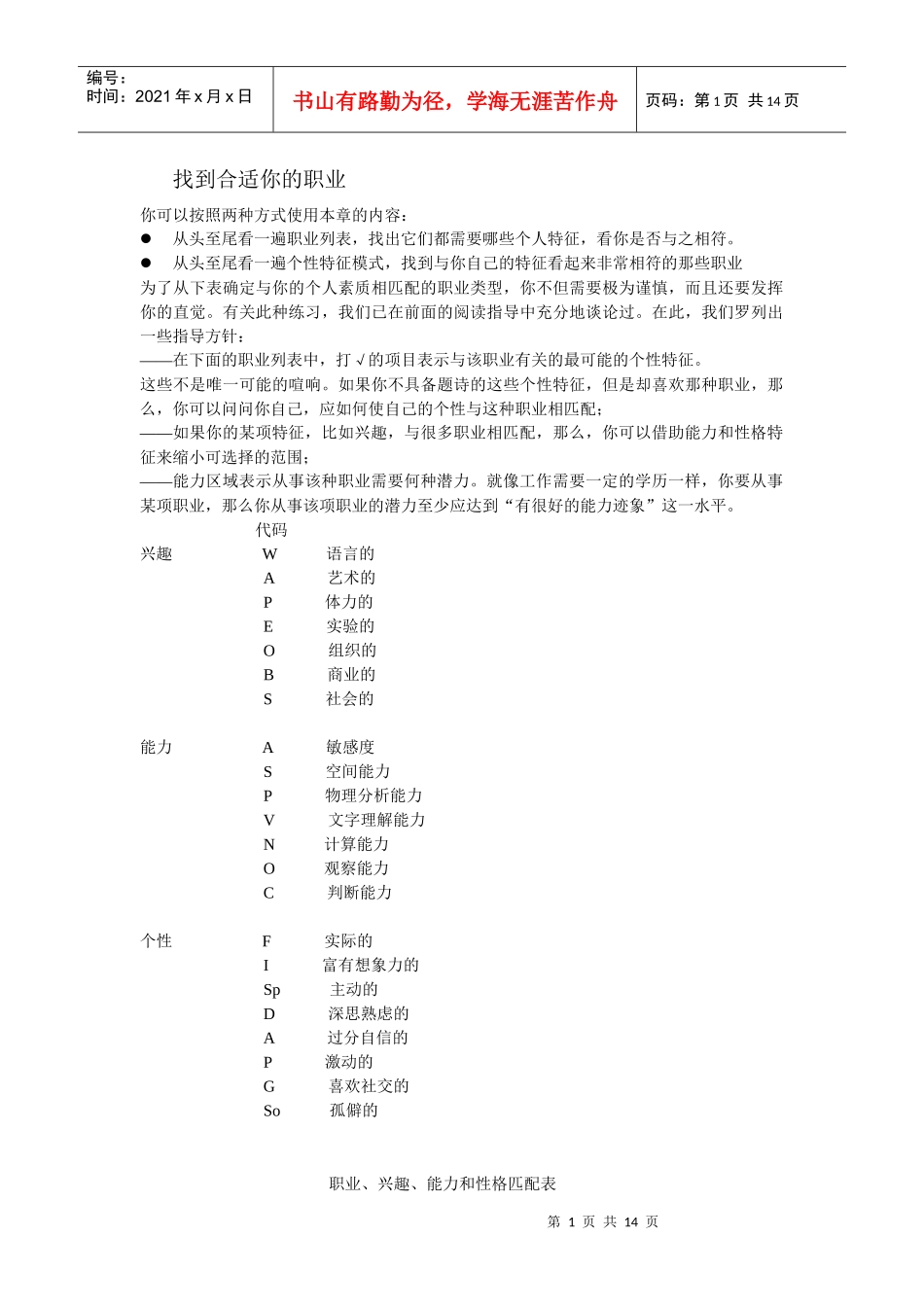 职业、兴趣、能力和性格匹配表_第1页
