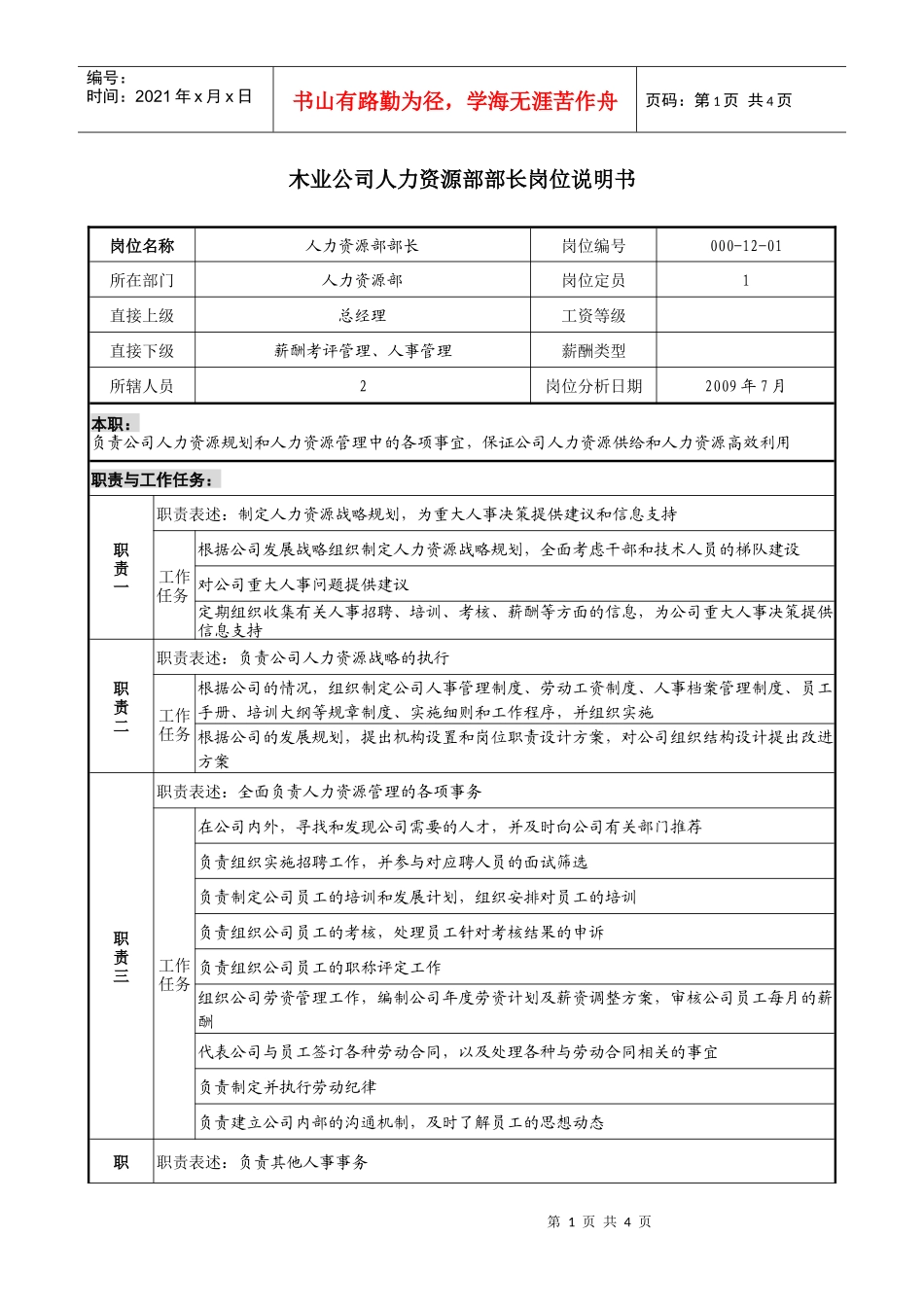 木业公司人力资源部部长岗位说明书_第1页