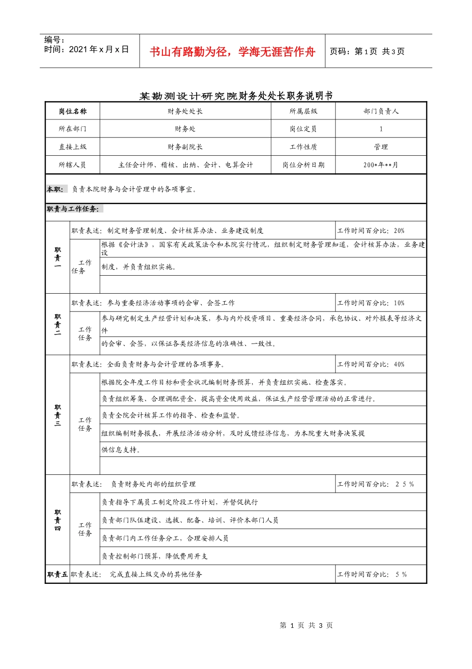 某勘测设计研究院财务处处长职务说明书_第1页
