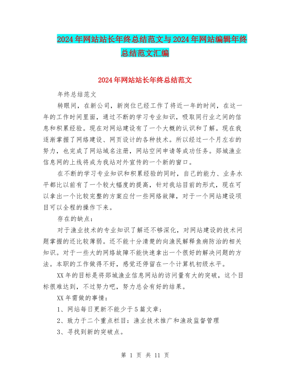 2024年网站站长年终总结范文与2024年网站编辑年终总结范文汇编_第1页