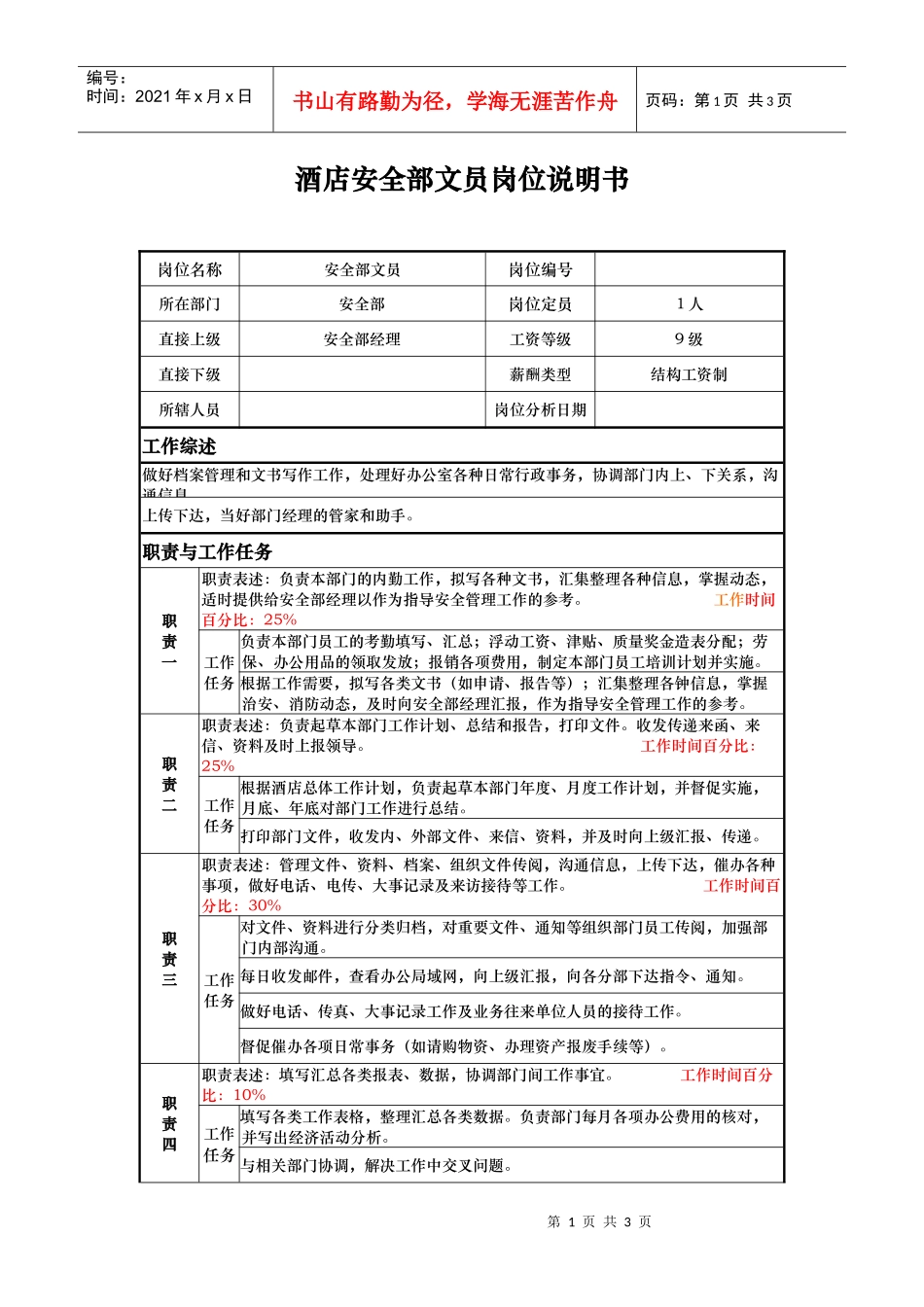 酒店安全部文员岗位说明书_第1页