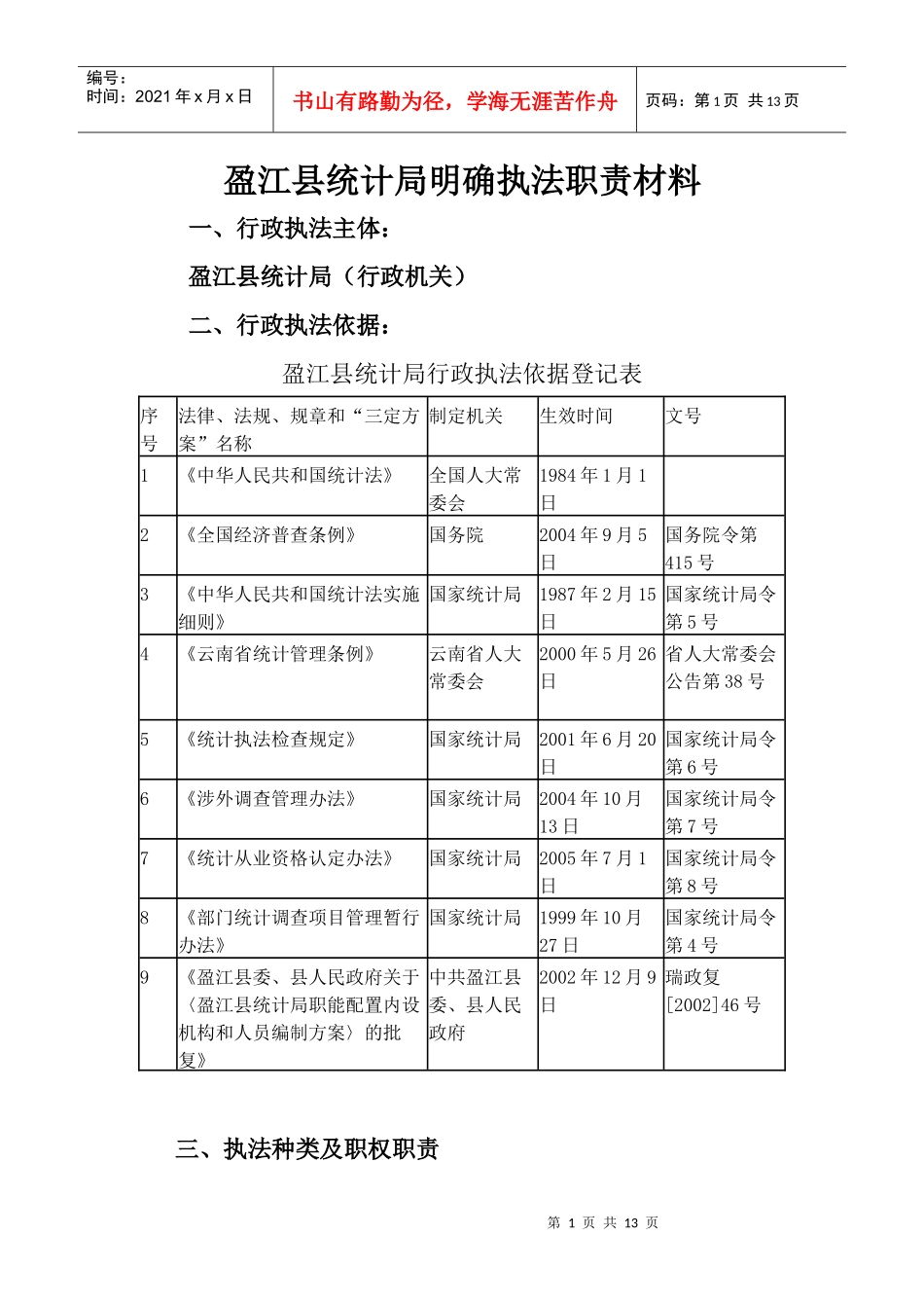 盈江县统计局明确执法职责材料_第1页