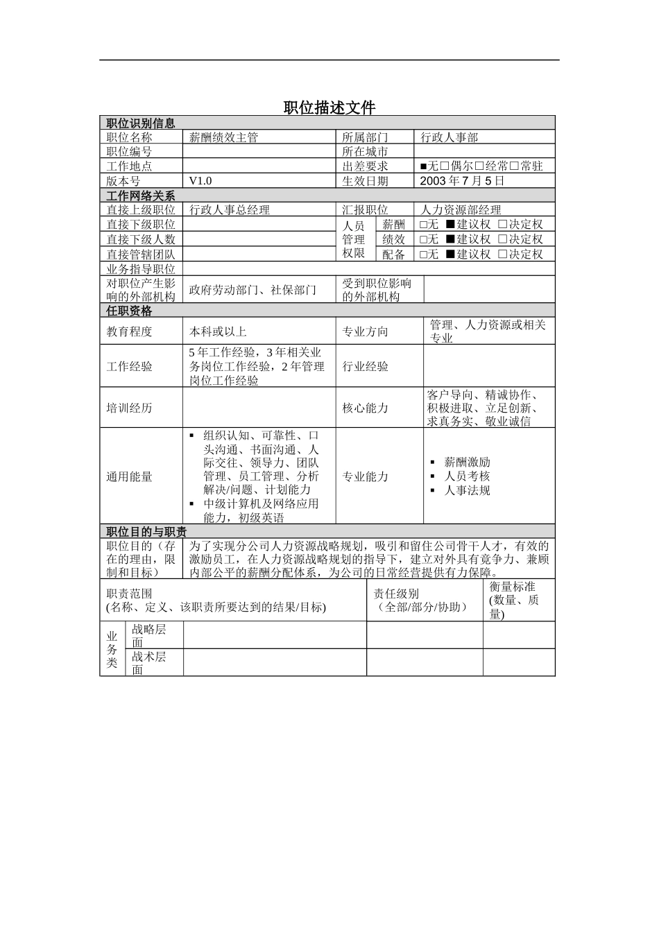 薪酬绩效主管岗位说明书_第1页