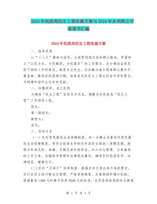2024年民政局民生工程实施方案与2024年水利局公开承诺书汇编