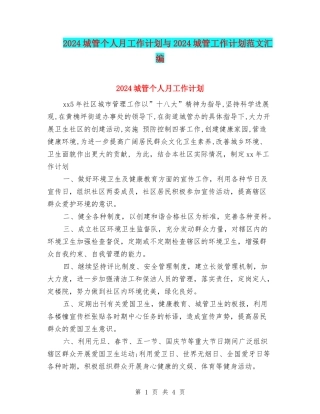 2024城管个人月工作计划与2024城管工作计划范文汇编