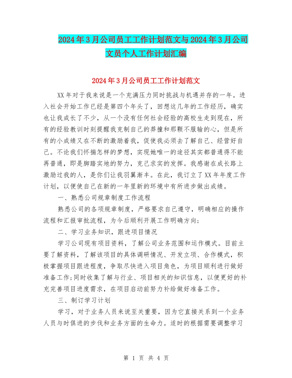 2024年3月公司员工工作计划范文与2024年3月公司文员个人工作计划汇编_第1页