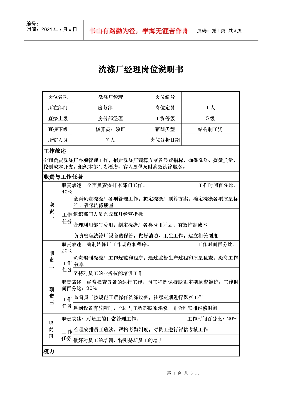 洗涤厂经理岗位说明书_第1页