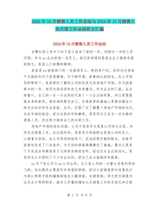 2024年10月销售人员工作总结与2024年10月销售人员月度工作总结范文汇编