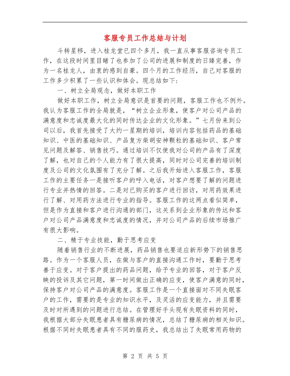 客服专员工作总结与计划_第2页