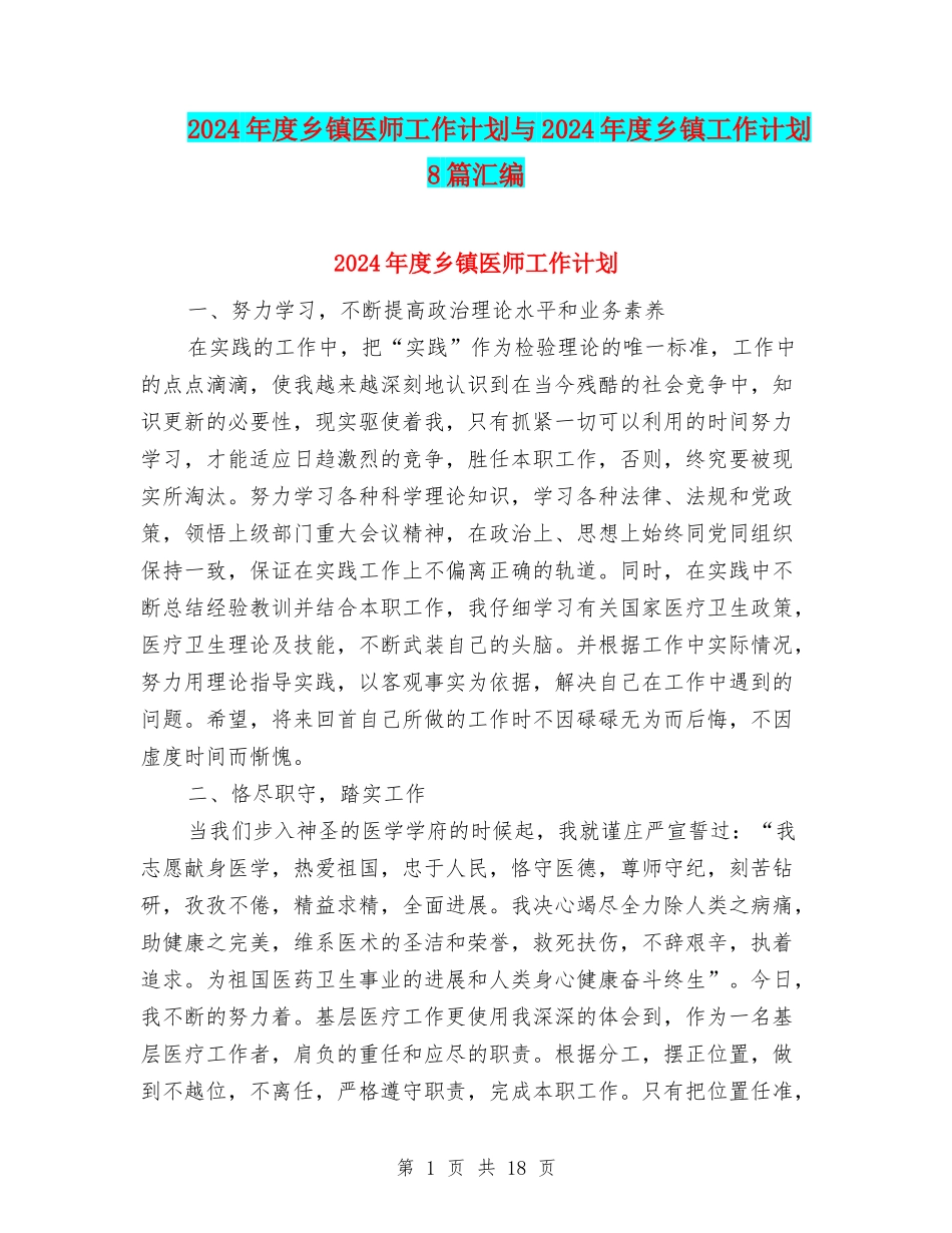 2024年度乡镇医师工作计划与2024年度乡镇工作计划8篇汇编_第1页