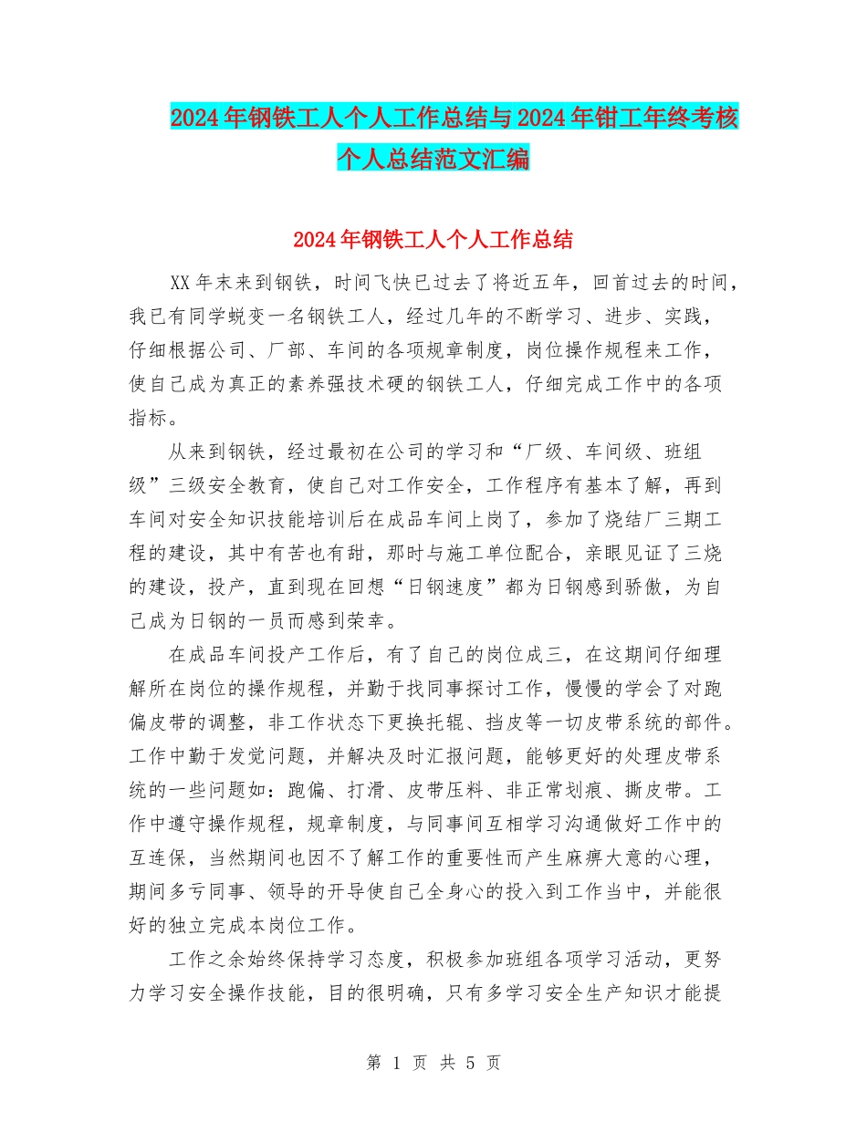 2024年钢铁工人个人工作总结与2024年钳工年终考核个人总结范文汇编_第1页