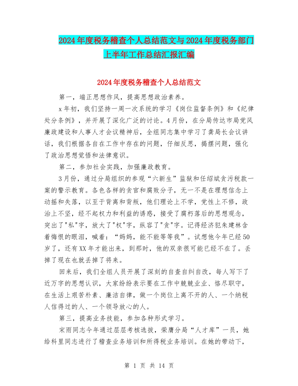 2024年度税务稽查个人总结范文与2024年度税务部门上半年工作总结汇报汇编_第1页