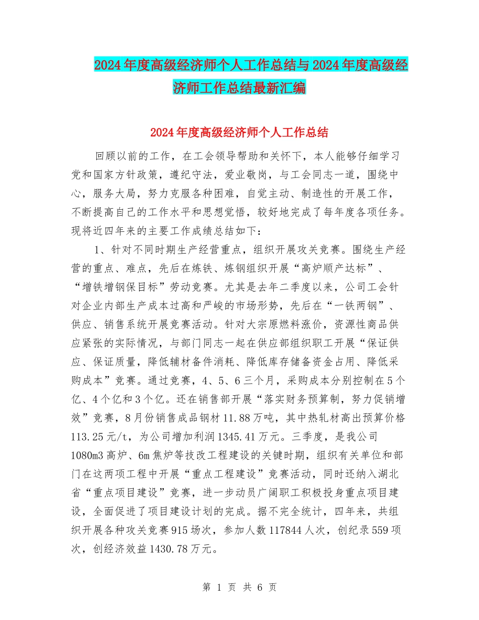 2024年度高级经济师个人工作总结与2024年度高级经济师工作总结最新汇编_第1页