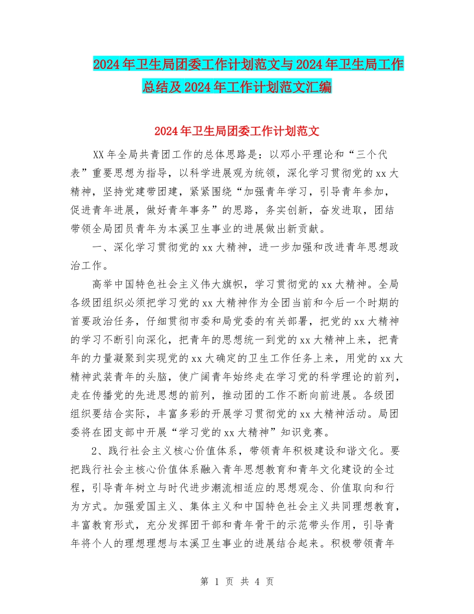 2024年卫生局团委工作计划范文与2024年卫生局工作总结及2024年工作计划范文汇编_第1页