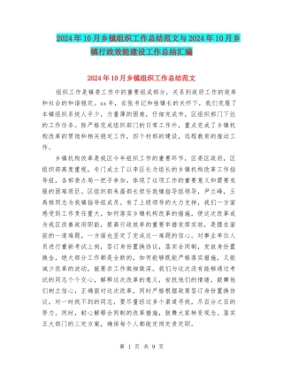 2024年10月乡镇组织工作总结范文与2024年10月乡镇行政效能建设工作总结汇编
