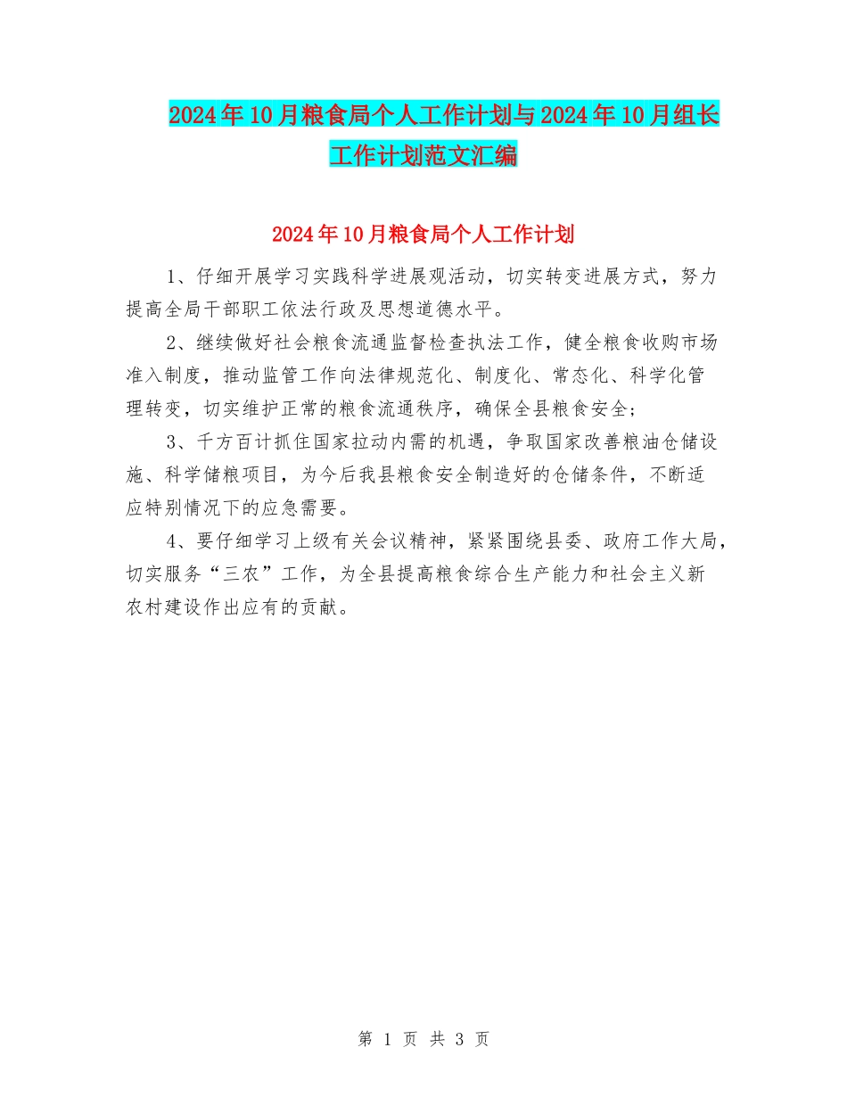 2024年10月粮食局个人工作计划与2024年10月组长工作计划范文汇编_第1页