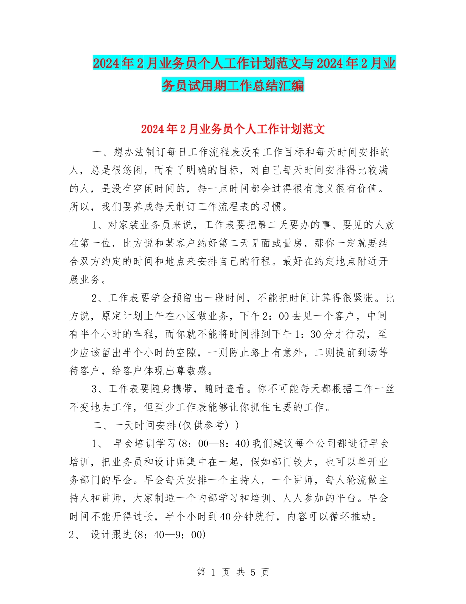 2024年2月业务员个人工作计划范文与2024年2月业务员试用期工作总结汇编_第1页