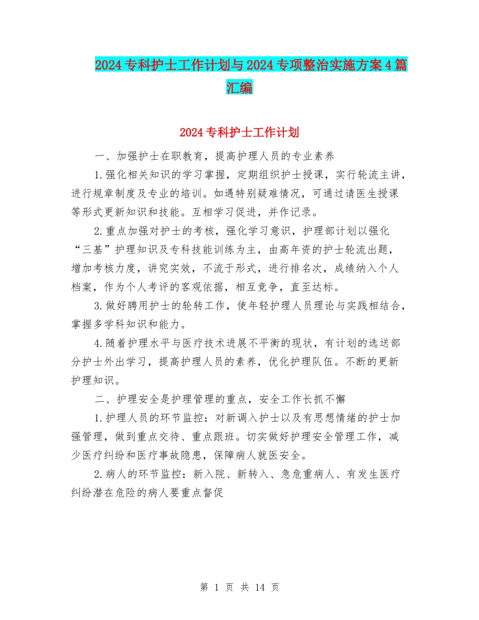 2024专科护士工作计划与2024专项整治实施方案4篇汇编_第1页