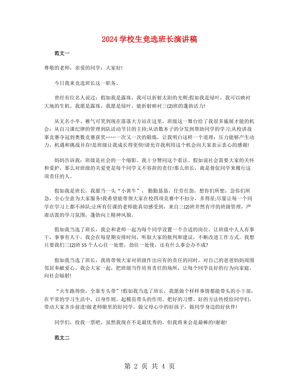 2024小学生竞选班长演讲稿_第2页