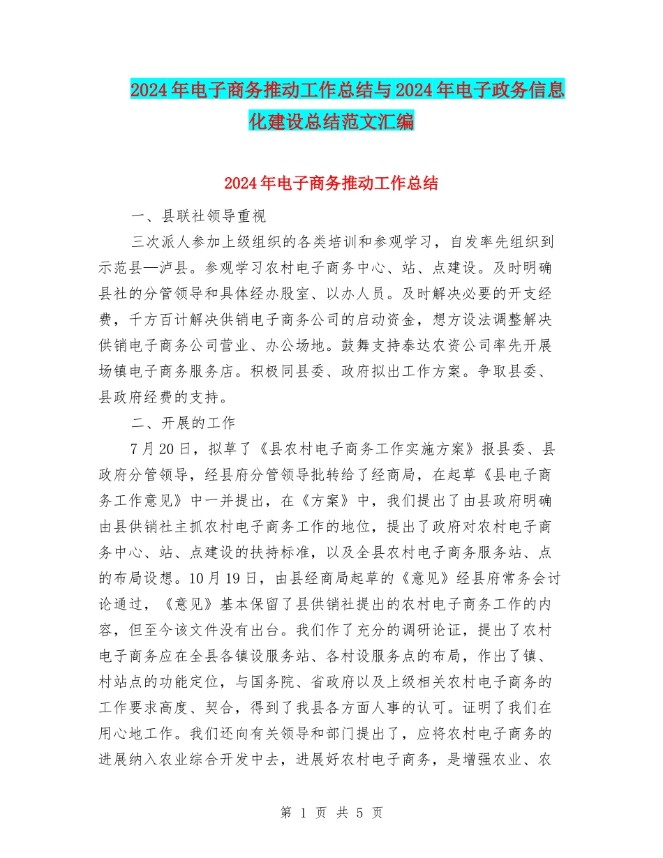 2024年电子商务推进工作总结与2024年电子政务信息化建设总结范文汇编_第1页