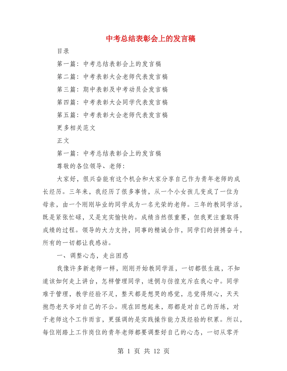 中考总结表彰会上的发言稿_第1页