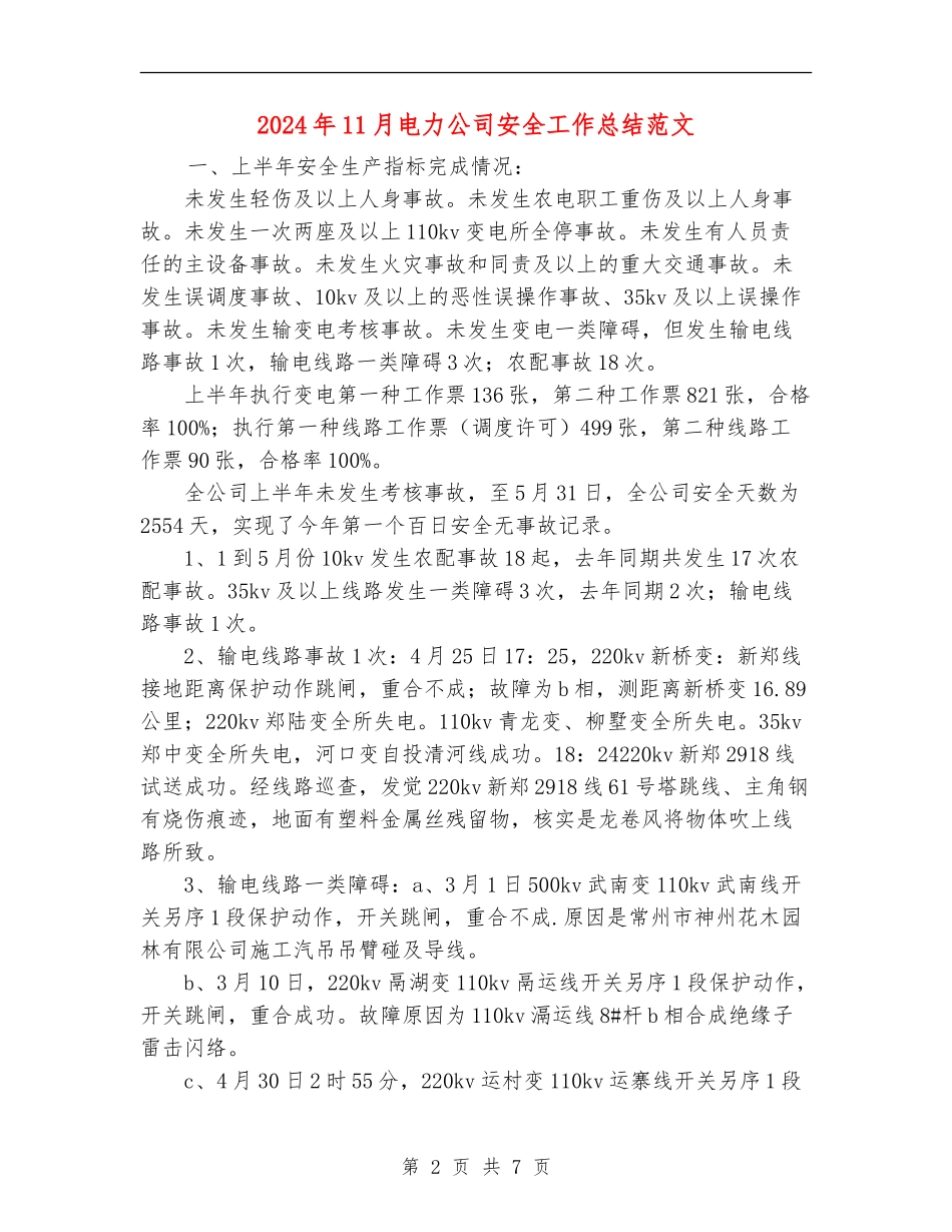 2024年11月电力公司安全工作总结范文_第2页