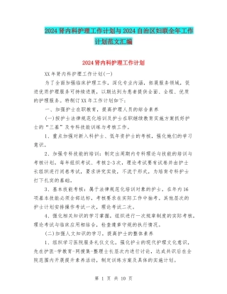 2024肾内科护理工作计划与2024自治区妇联全年工作计划范文汇编