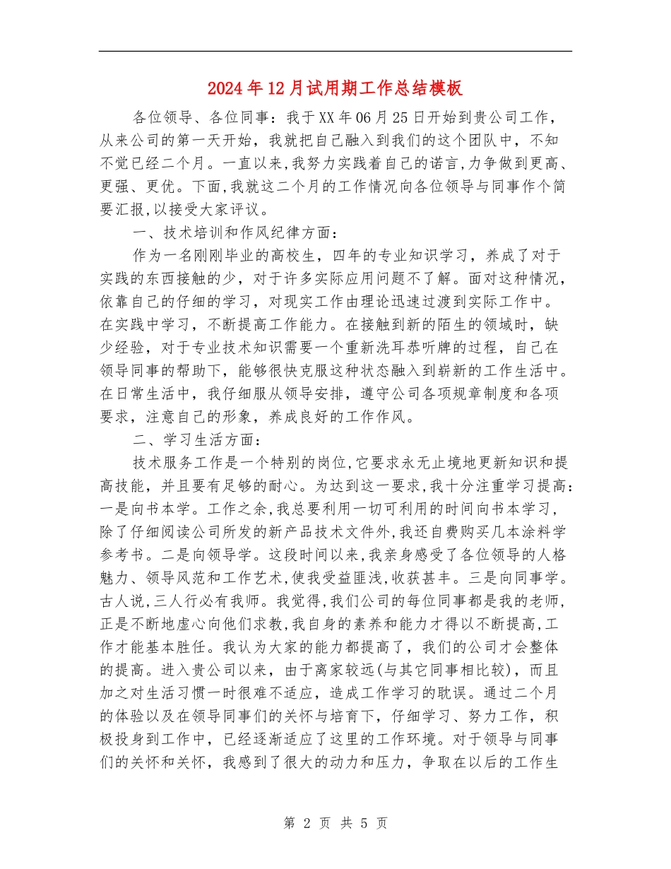 2024年12月试用期工作总结模板_第2页