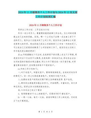 2024年11月销售员个人工作计划与2024年12党支部工作计划结尾汇编