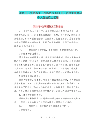 2024年公司团总支工作总结与2024年公司团支部书记个人总结范文汇编